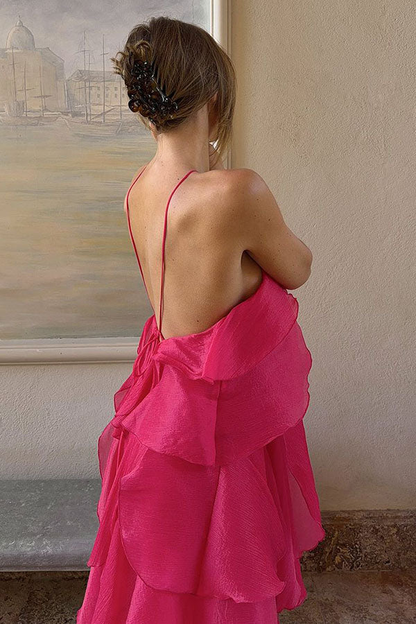 Romantic Summer Chiffon Tiered Ruffle Deep V-Back Halter A-line Maxi Design