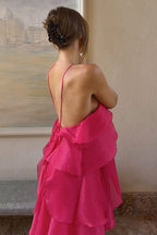 Romantic Summer Chiffon Tiered Ruffle Deep V-Back Halter A-line Maxi Design