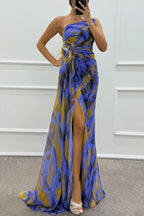 Renee Exclusive Amazing Views Off Shoulder Pleated Slit Maxi Dress with Feather Rose Detail in Watercolor Print Chic Silhouette Collection