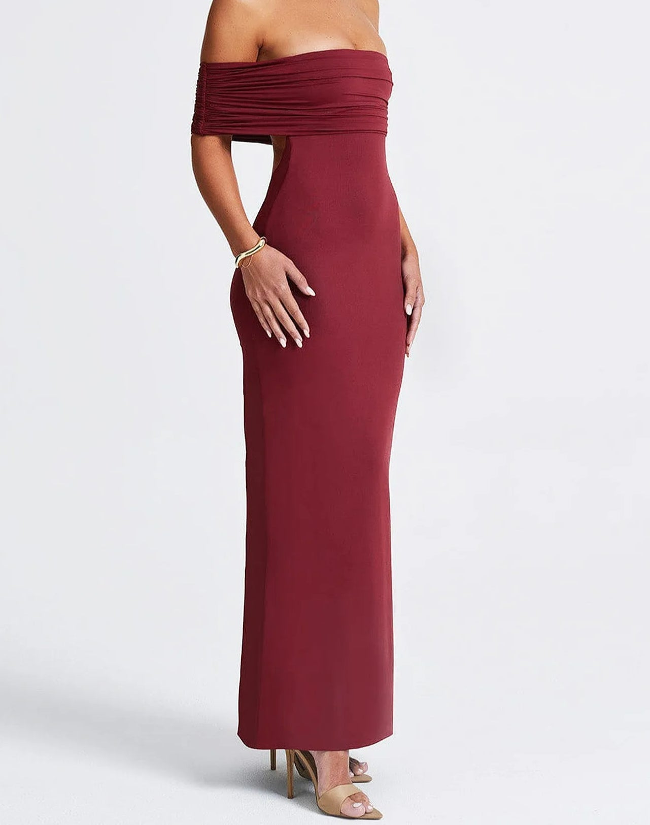 Off Shoulder Ruched Band Bodycon Floor Length Maxi Dress