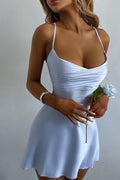 Satin Crossover Ruched Bust Spaghetti Strap Fit and Flare Mini Dress