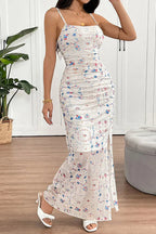 Floral Ruched Square Neck Spaghetti Strap High Split Bodycon Maxi Dress