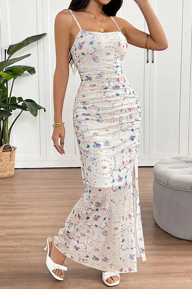 Floral Ruched Square Neck Spaghetti Strap High Split Bodycon Maxi Dress