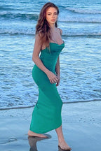 Cowl Neck Spaghetti Strap All Over Ruched Bodycon Midi Dress
