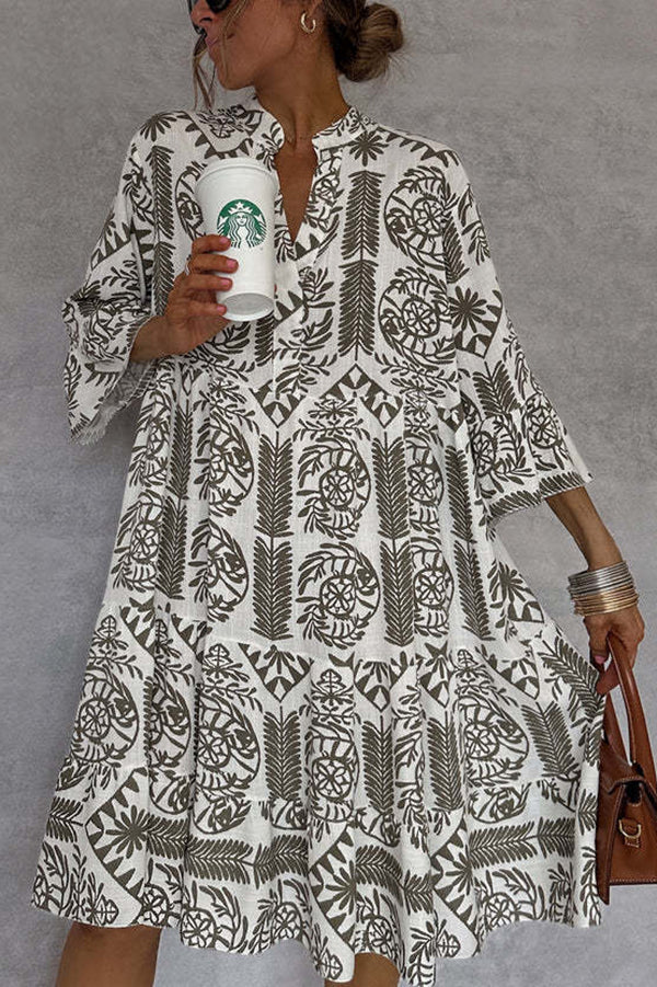Block Print Mandarin Collar Bell Sleeve Tiered Babydoll Mini Dress