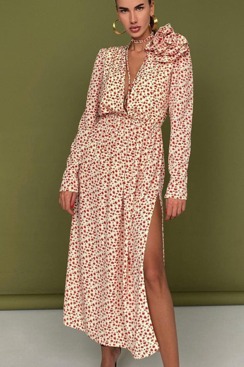 Deep V Neck Long Sleeve 3D Flower Applique High Slit Maxi Dress