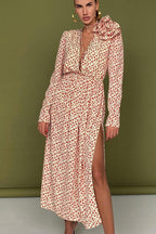 Deep V Neck Long Sleeve 3D Flower Applique High Slit Maxi Dress