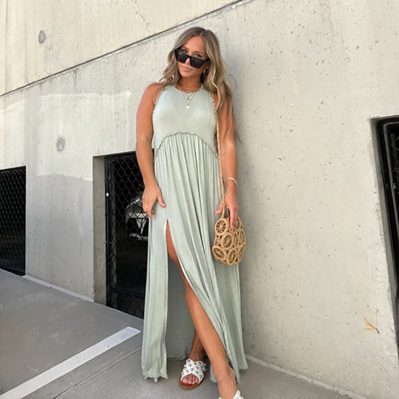 Crew Neck Tiered Seam Double Front Slit Sleeveless Maxi Dress