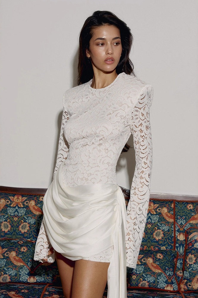 Lace Long Sleeve Crew Neck Satin Drape Ruched Panel Mini Dress