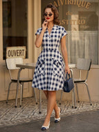 Gingham Vintage Dress Short Sleeve Hepburn Style A-line Midi Dress For Women 2026