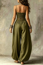 Olive Gypsy  pleated crop top and high-waisted wide-leg pants set