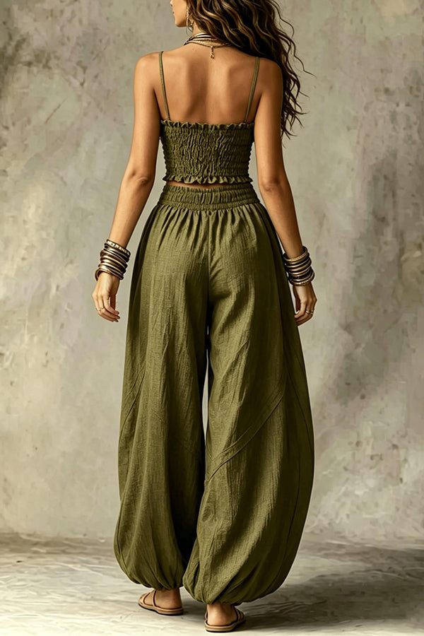 Olive Gypsy  pleated crop top and high-waisted wide-leg pants set