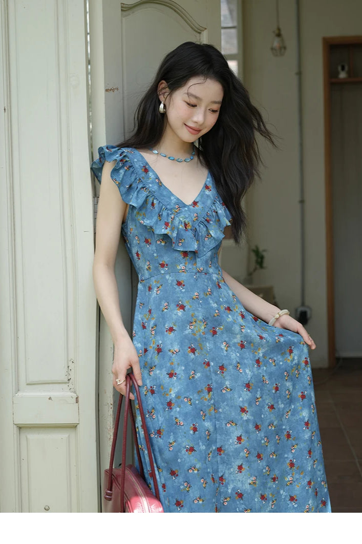 Floral Print Ruffle Trim V-Neck Cap Sleeve Fit and Flare Maxi Summer Dress