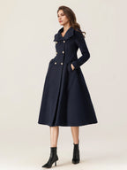 Woolen Flared Coat For Woman Stand Collar Dark Navy Vintage Double-breasted Winter Midi Outerwear 2026