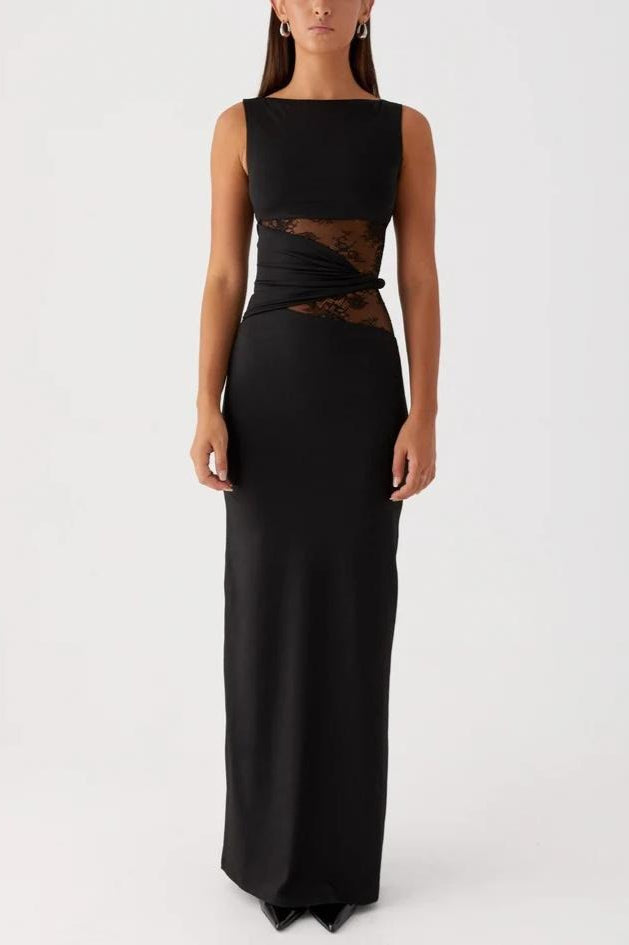Boat Neck Sleeveless Lace Panel Waist Cut Out Twist Detail Maxi Dress