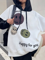 Smiling Print Splice Drawstring Oversized Hoodie