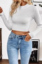 Crew Neck Cropped Cable Knit Sweater