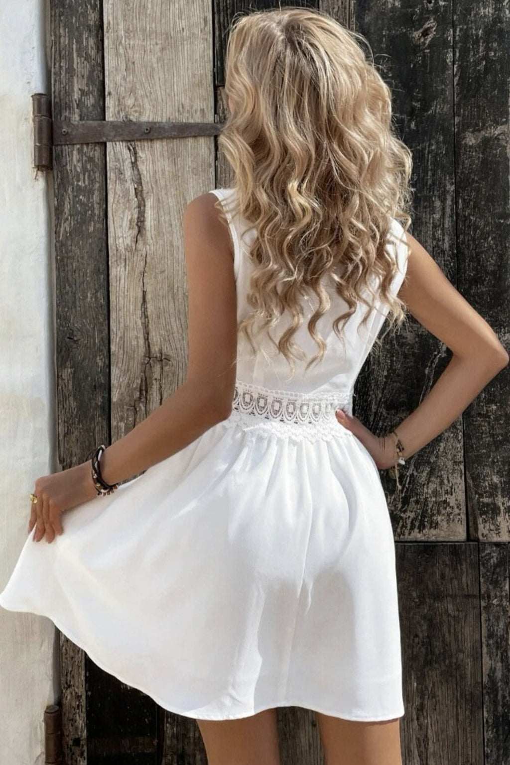 Deep V Neck Lace Trim Waistband Gathered A-Line Mini Dress