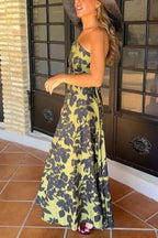 Elara Linen Blend Floral Print Princess Line Design Detachable Sleeves Maxi Dress