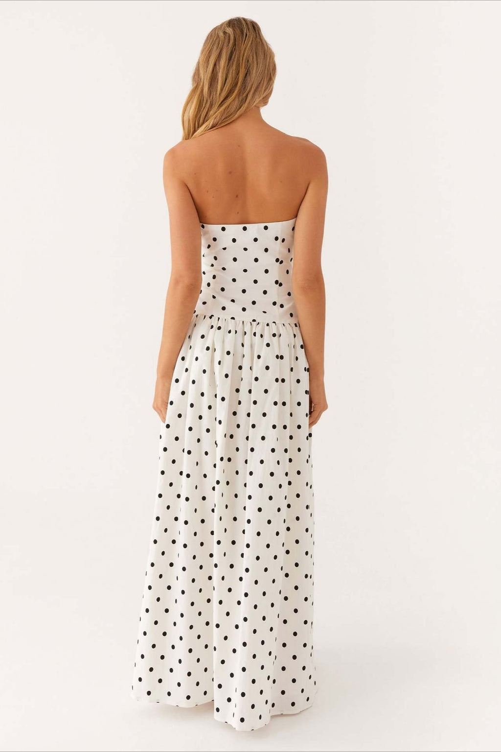 Strapless Polka Dot Dropped Waist Flowy Maxi Dress