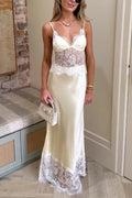 Fashionable Satin Lace Patchwork Sheer V-neck Elegant Slim-fit Maxi Dress