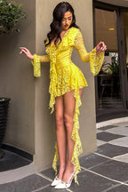 Lace Deep V-Neck Ruffle Trim Tie Front Bell Sleeve Streamer Romper