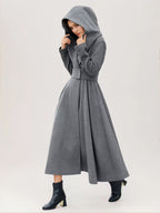 Flared Woolen Coat For Woman Hooded Gray Belted A-line Winter Long Outerwear 2026