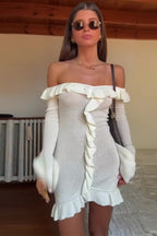 Off Shoulder Ribbed Knit Center Ruffle Bodycon Mini Sweater Dress