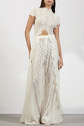 Elegance Avant-garde Floral Lace Short Sleeve High Low Top and High Rise Wide Leg Pants Set