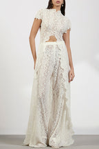 Elegance Avant-garde Floral Lace Short Sleeve High Low Top and High Rise Wide Leg Pants Set