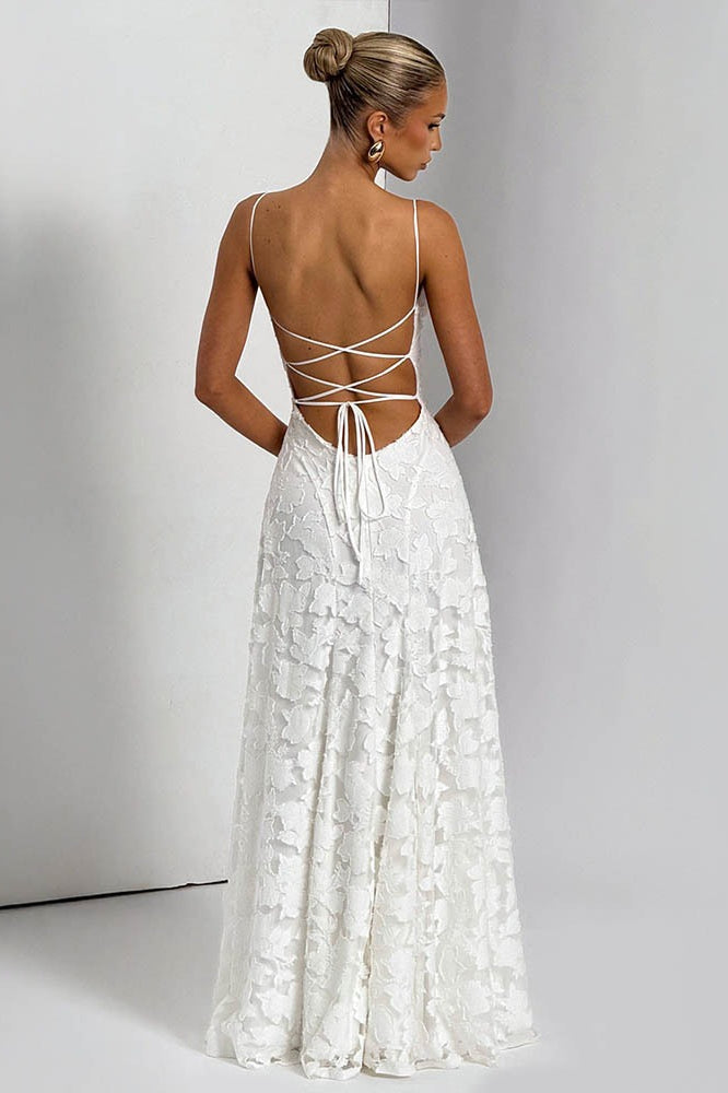 Floral Lace Cross Back Lace Up Open Back A-Line Maxi Gown