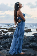 Halter Back Tie Tiered Ruffle Maxi Skirt Two Piece Set