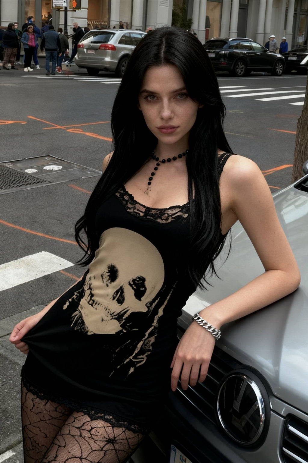 Skull Print Lace Trim Scoop Neck Sleeveless Bodycon Mini Dress