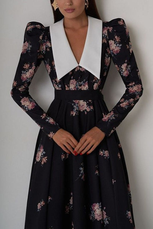 Contrast Collar Puff Sleeve Belted Ditsy Floral Print Midi Dress