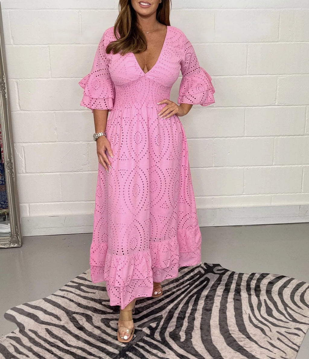 Eyelet Broderie Smocked V Neck Tiered Ruffle Bell Sleeve Maxi Dress