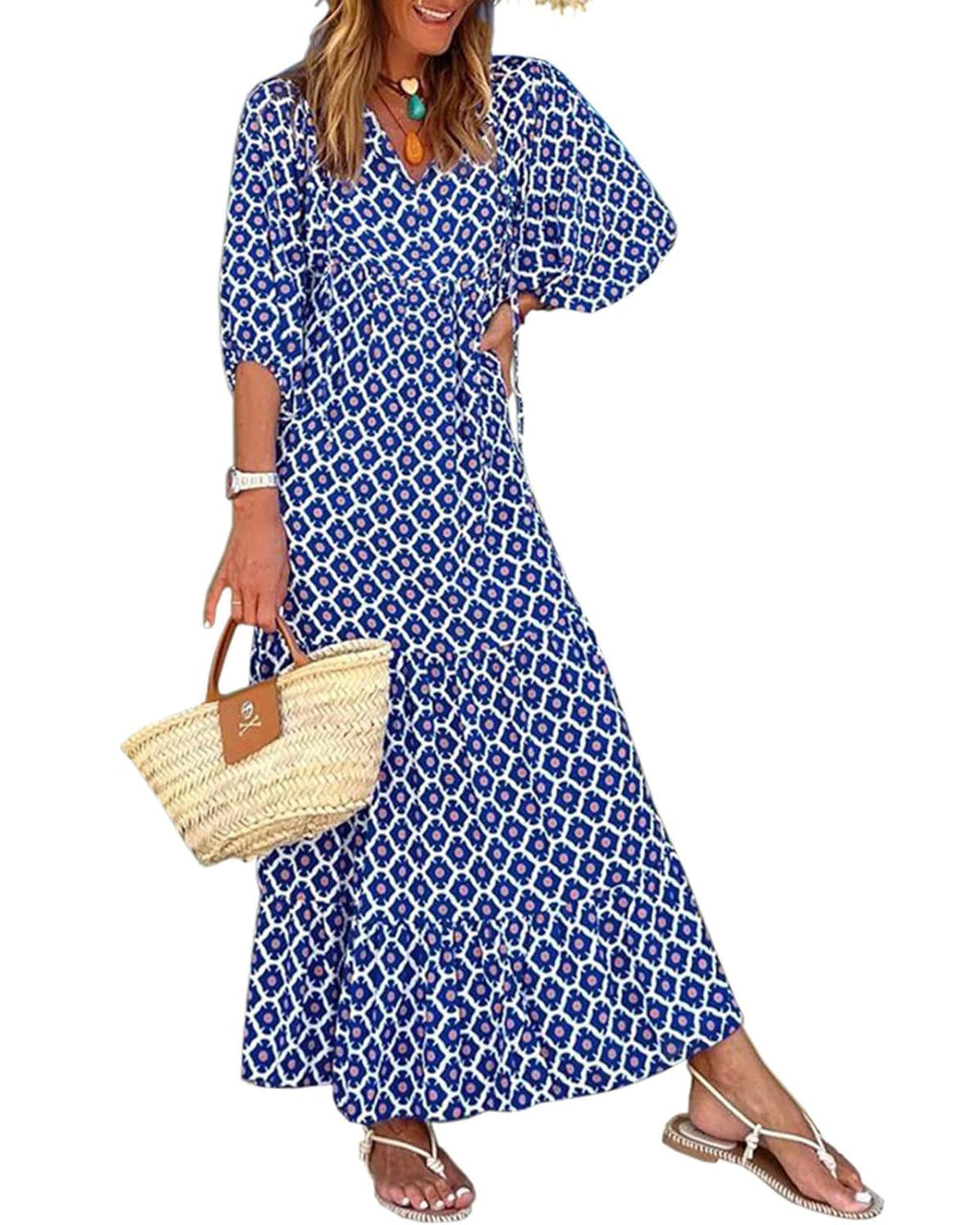 Puff Sleeve Tiered Geometric Print Boho Maxi Dress