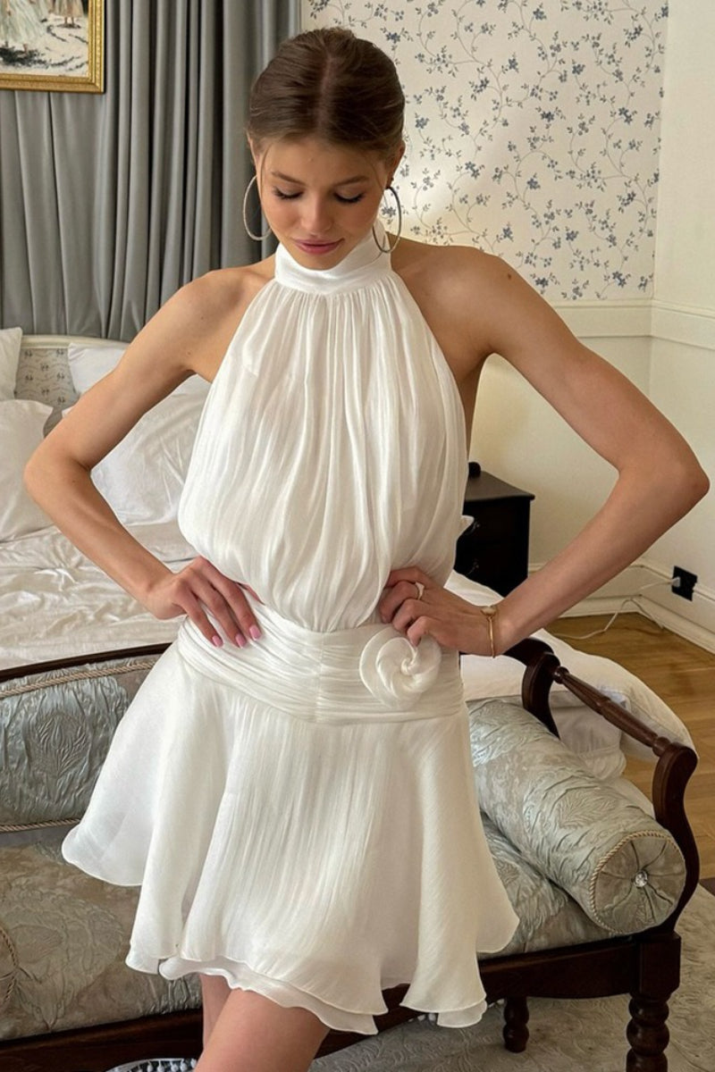 Halter Neck Ruched Waist Rosette Ruffle Chiffon Mini Dress