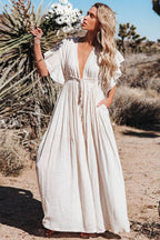 Deep V Neck Ruffle Sleeve Drawstring Waist Button Front Pocket Maxi Dress