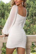 Glitter Deep V-Neck Long Sleeve Sheer Lantern Sleeve Ruched Bodycon Mini Dress