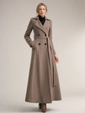 Full-length Woolen Coat For Women Wide Notched Lapel Double-breasted Belted Winter Outerwear In Solid Color 2026