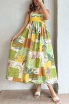 Dragon Print Patchwork Grid Empire Waist Pocketed Maxi Dress