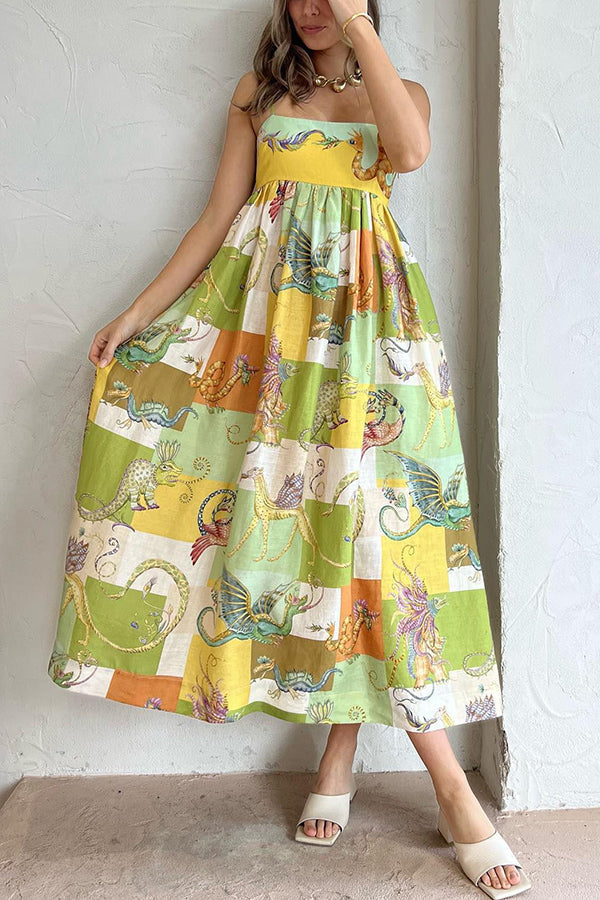 Dragon Print Patchwork Grid Empire Waist Pocketed Maxi Dress