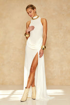 Mock Neck Sleeveless Draped Hip Detail High Split Maxi Dress