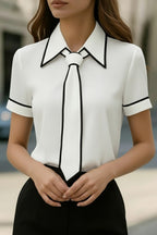 Stylish Color-blocked Trim Collared Short-sleeved Casual Shirt