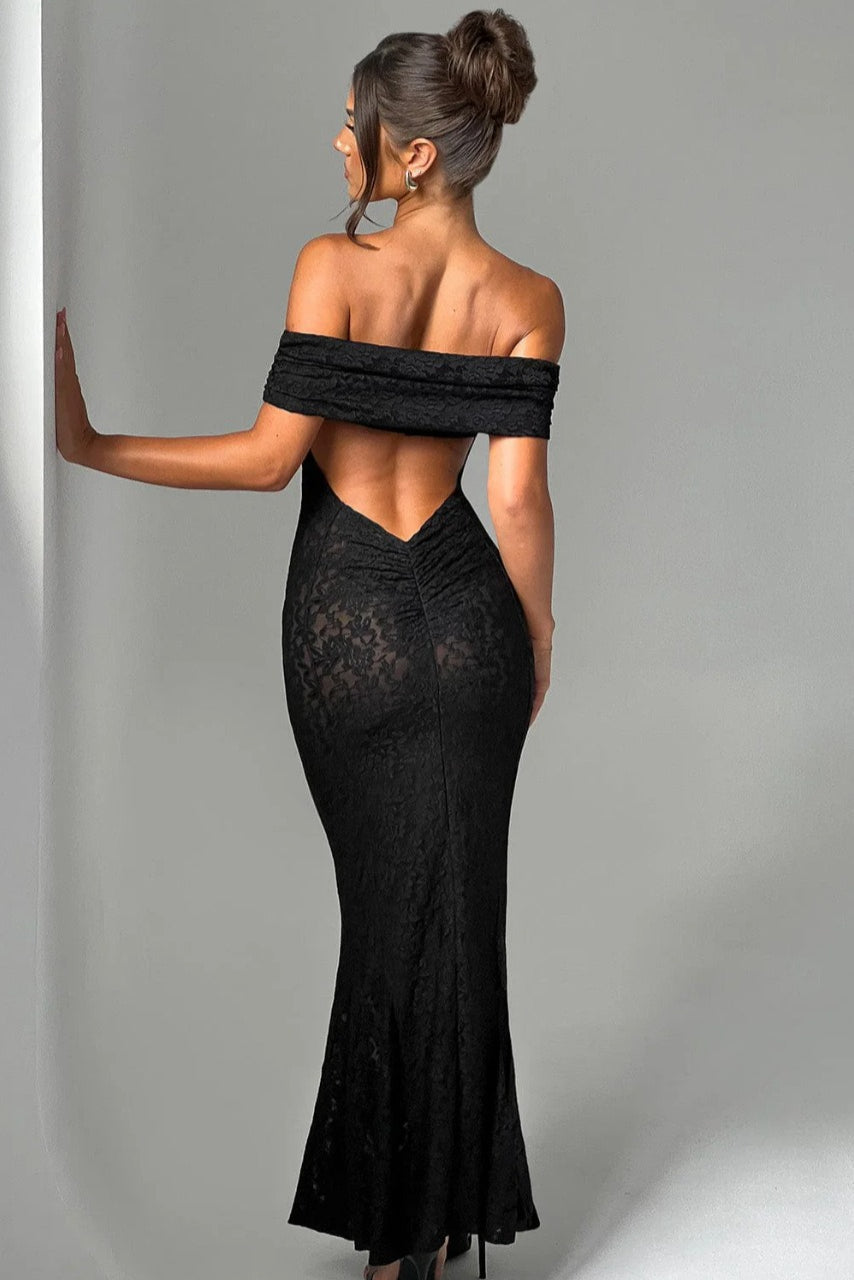 Floral Lace Off Shoulder Foldover Cuff Mermaid Maxi Dress