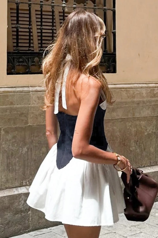 Halter Neck Deep V-Neck Ruched Contrast Waist Puff Skirt Mini Dress