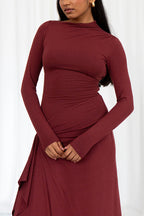 Long Sleeve Crew Neck Side Ruched Cascading Drape Panel Maxi Dress