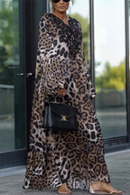 Print Lace Trim V-Neck Lantern Sleeve Kaftan Maxi Dress