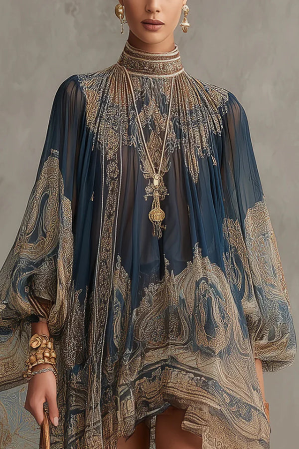 Baroque Print High-neck Irregular Chiffon Mini Dress