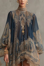 Baroque Print High-neck Irregular Chiffon Mini Dress